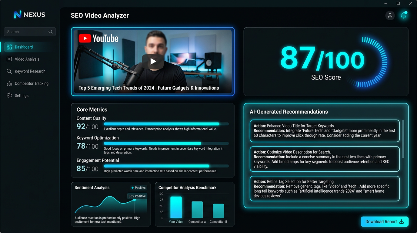 SEO AI Scanner analyzing video with scores and recommendations